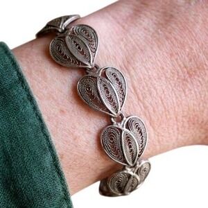 Vintage Sterling Silver Filigree Heart Link Bracelet Mid-Century Floral Scroll